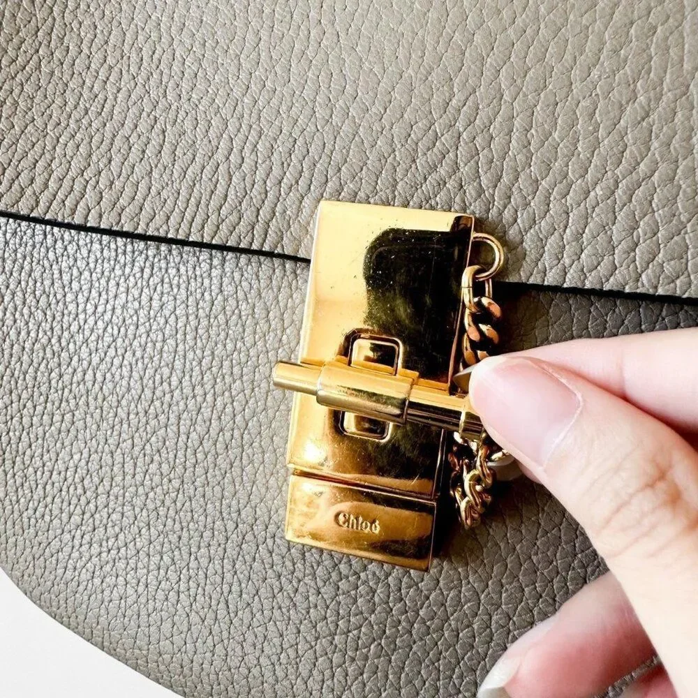 Chloe Drew Gray Gold Hardware Saddle Round Medium Size Leather Crossbody Bag